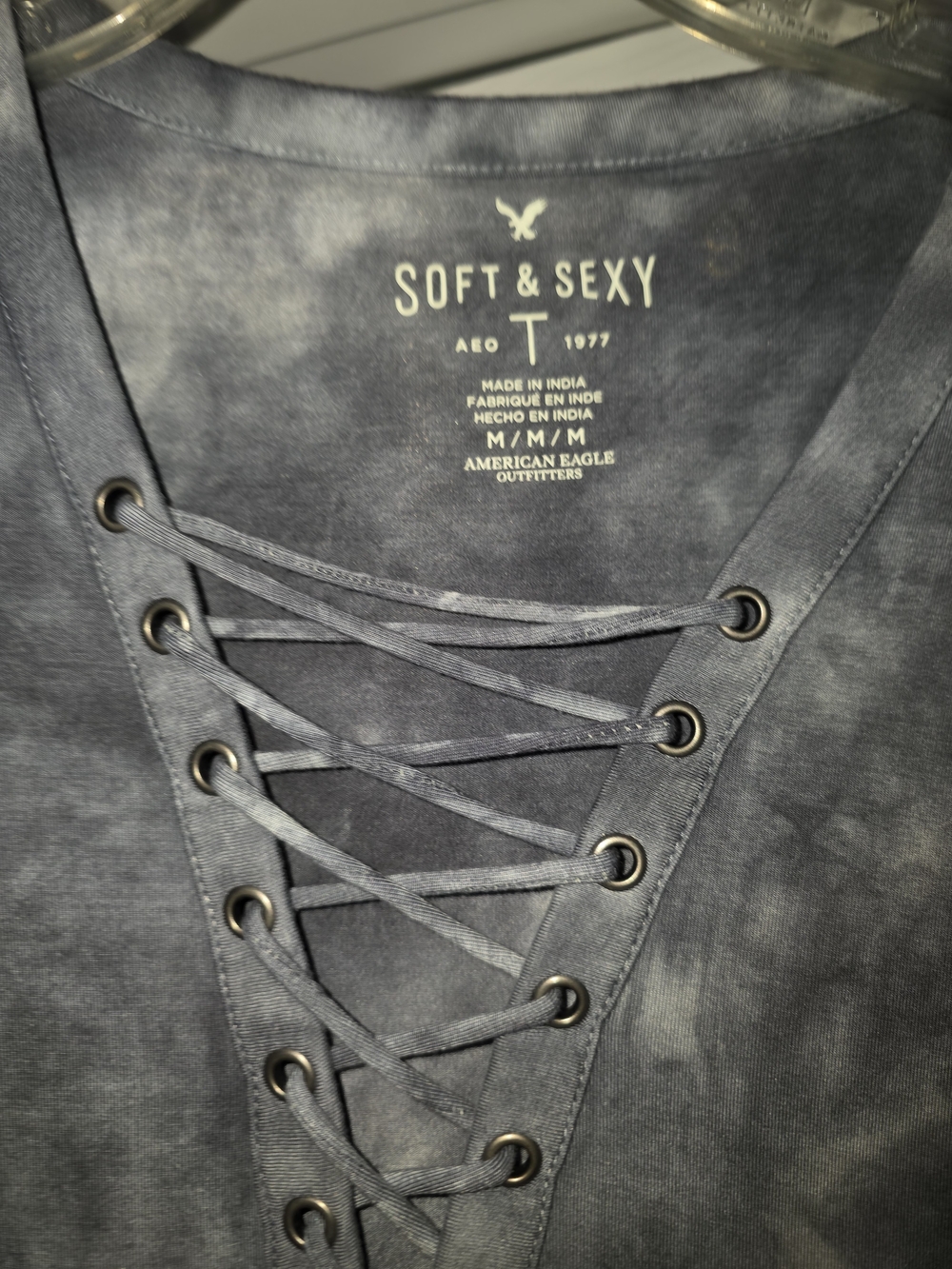 American Eagle Outfitters Soft & Sexy Lace-Up Tee — Slate Gray Tie-Dye